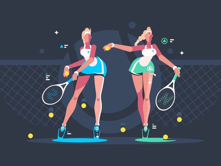 Girls play tennis on courtのイラスト素材