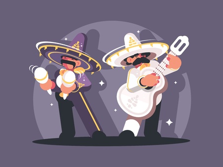Mexican musicians in sombrero play guitar and maracas. Vector illustrationのイラスト素材