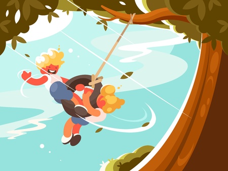 Children swinging on tireのイラスト素材