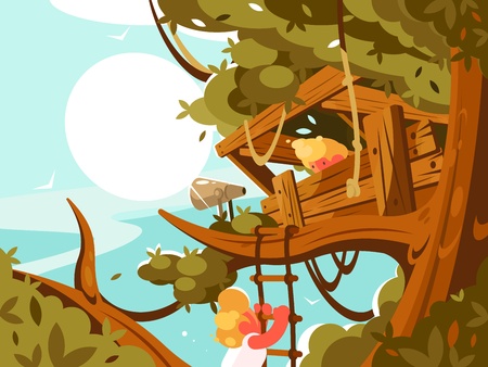 Wooden house on green tree.のイラスト素材
