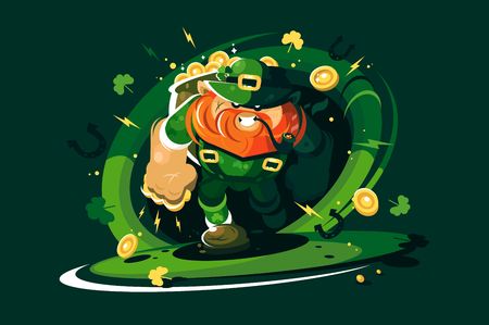 Angry leprechaun with gold. Fairy-tale character gnome in green clothes. Vector illustrationのイラスト素材