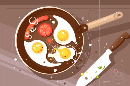 Fry delicious scrambled eggs and sausage in frying pan. Appetizing breakfast view from above. Vector illustrationのイラスト素材