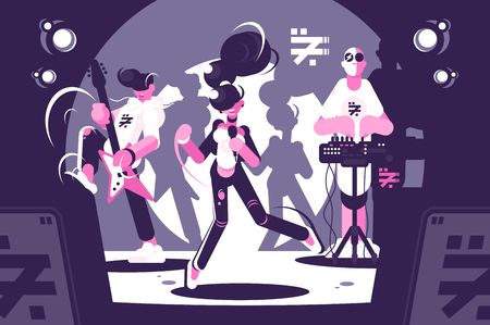 Musical rock or jazz band group concert with guitar. Performing on stage concept. Cartoon character. Flat. Vector illustration.のイラスト素材