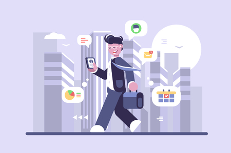 Young man working on run flat poster. Cartoon character smiling boy going on city street and doing work vector illustration. Modern internet technologies and gadgets concept. Cityscape backgroundのイラスト素材