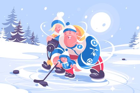 Cartoon family playing in hockey flat poster. Mom dad and little kid having good leisure time together on ice vector illustration. Winter sport. Concept of parenthoodのイラスト素材