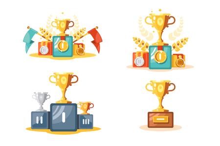 Pedestal with gold cup and medals set vector illustration. Composition consist of different types of golden and silver trophies on podiums flat style conceptのイラスト素材