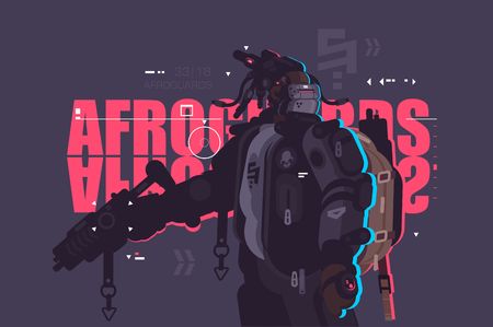 Drone dude afro guard with backpack and weapon vector illustration. Robot mechanized and automated flat style concept. New latest robotic technologiesのイラスト素材
