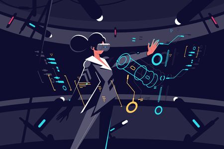 Woman in vr glasses working process vector illustration. Female in black working in virtual reality office with tiny details on interactive panel. Businesswoman flat style concept on dark backgroundのイラスト素材