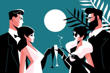 Stylish forties concept party vector illustration. Fashion man and woman in stylish clothes with glasses of champagne having fun time together flat style conceptのイラスト素材