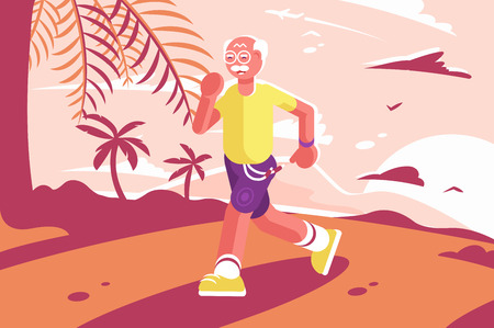 Grandpa at sports suit running at seaside. Cartoon grandfather wearing in shorts and shirt runs at palms and sunset background vector illustration. Healthy lifestyle and healthcare flat conceptのイラスト素材