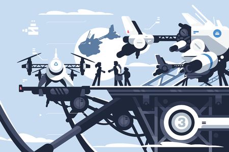 Taxi drone or passenger quadcopter station vector illustration. People flying on big futuristic rotor vehicle. Modern unmanned electric aircraft or automated quadrotorのイラスト素材