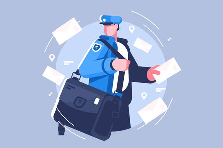 Postman with bag delivering letters vector illustation. Cartoon man in uniform holding mail flat...