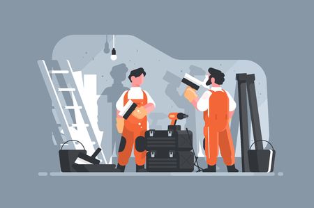 Home repair interior or remodeling vector illustration. Repairman doing renovation at home flat style concept. Work process at room. Special tools and equipmentのイラスト素材