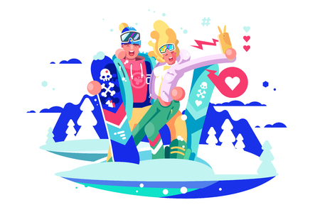 Smiling boy and girl taking selfie on smartphone with snowboards. Couple of snowboarders in ski suit takes photos for social media app. Winter kinds of sport and holidays flat vector illustrationのイラスト素材