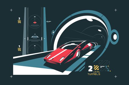 Two levels cars tunnel with map of traffic vector illustration. Red auto driving via modern subway flat style concept. Speed road transportation system in night timeのイラスト素材