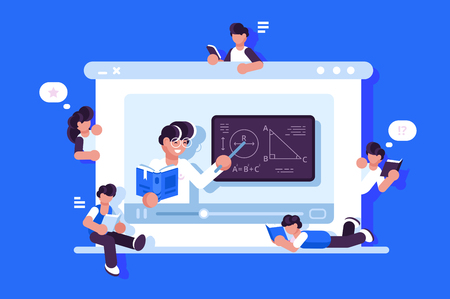 Online education and graduation vector illustration. Online teacher on laptop monitor explaining new material flat style design. Modern e-learning conceptのイラスト素材