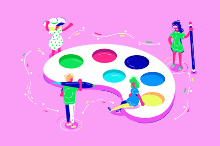 Women and man during creative process vector illustration. Team of artists working at something with palette colorful watercolor in lab flat style concept. People with professional toolsのイラスト素材