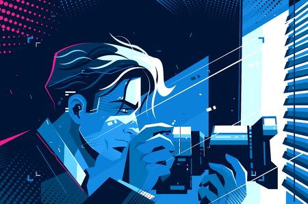 Detective with photo camera vector illustration. Young man spying on someone with digital camcorder indoors of secret apartment flat style design. Keeker at work conceptのイラスト素材