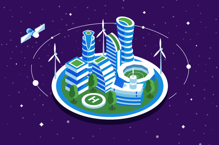 Futuristic space city vector illustration building with windmill. Modern methods of energy elaboration flat style concept. Sky with stars and satellite on backgroundのイラスト素材