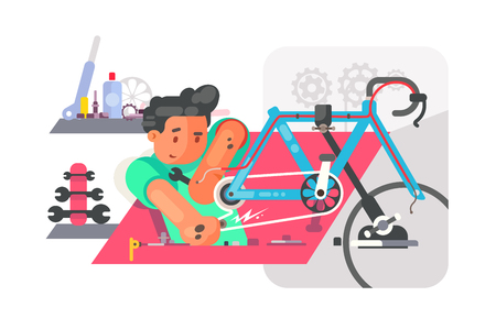 Bicycle repair service. Boy fixing bike and using special equipment and tools. Technician enjoy vamping broken vehicles vector illustration flat style conceptのイラスト素材