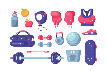 Sport equipment set vector illustration. Collection consists of sportswear, shoes, dumbbells, fitball, weight and boxing gloves flat style design. Healthy lifestyle conceptのイラスト素材