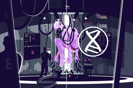 Growing giants incubator illustration. Big tube with alien sleeping creature swimming in water and...