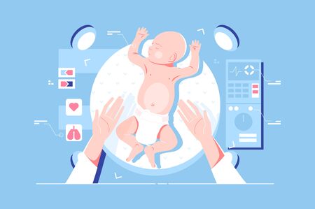 Genetic engineering heredity, lying child vector illustration. Doctors hands near newborn character on bed and icons of lungs and heart. Researching of infant in laboratoryのイラスト素材