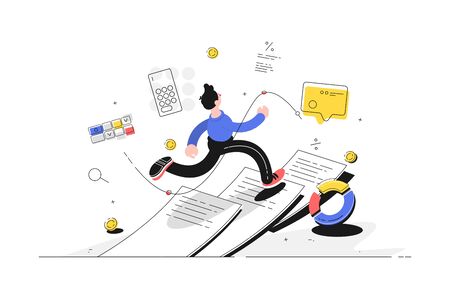 Man running on paper vector illustration. Guy escaping out paperwork flat style design. Diagram, calculator, message and coins icons. Finance and statistics conceptのイラスト素材