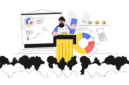 Coach giving lecture vector illustration. Business trainer discussing diagram with listeners. Bearded man holding biz tutorial and talking about ways to make money increasing income flat style conceptのイラスト素材