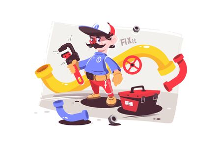 Plumber male master in uniform holding big red wrench vector illustration. Professional equipment for repair pipes cartoon design. Box with special instrumentsのイラスト素材