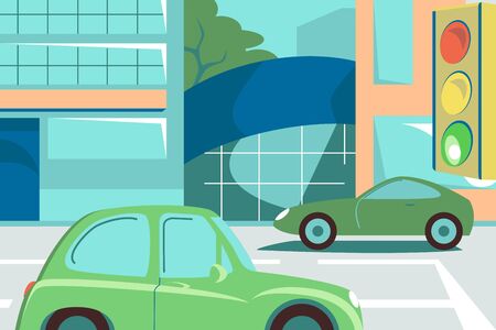 Green cars on street road vector illustration. Vehicles in city traffic. Driveway with marking, lights and big buildings flat style design. Metropolis landscapeのイラスト素材