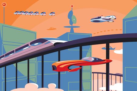 Future transportation in metropolis vector illustration. Futuristic cars and trains flying over city...