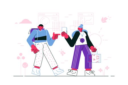 Man and woman with gadget vector illustration. Friends surfing internet on smartphone, watching video or film flat style design. Internet and social networks concept. Isolated on whiteのイラスト素材