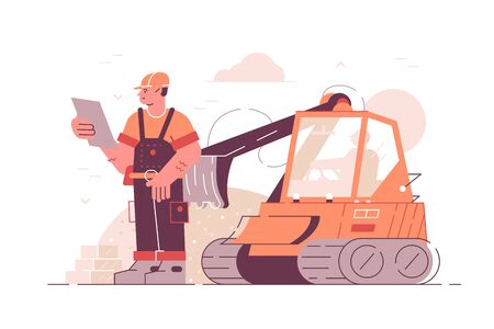Building construction process vector illustration. Builder in boilersuit and helmet holding project documents flat style concept. Excavator digging groundのイラスト素材