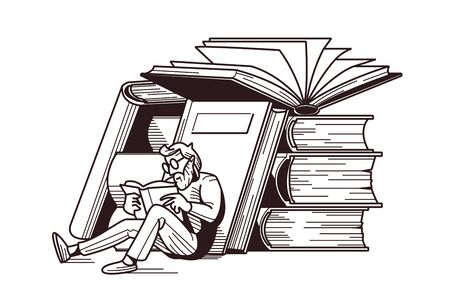 Man reading books vector illustration. Male in glasses sitting near stack of textbook flat style design in white and black colour. Intellectual hobby conceptのイラスト素材