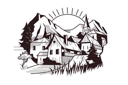 Town on mountain landscapeのイラスト素材