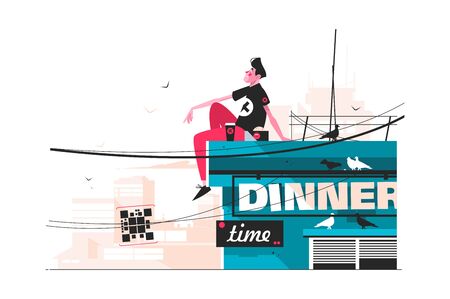 Guy eating snacks on roof vector illustration. Young man sitting on buildings top and enjoying beautiful view flat style design. Dinner time concept. City landscape on backgroundのイラスト素材