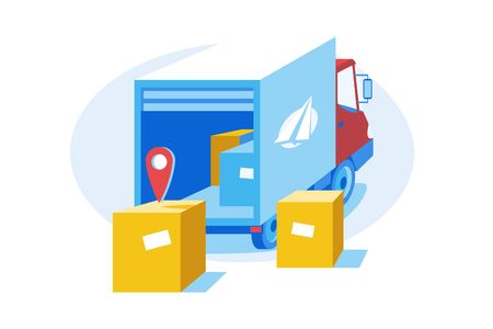 Express delivery service vector illustration. Truck with cardboard boxes and geolocation pin flat style design. Transportation, shipping. Logistics and postage conceptのイラスト素材