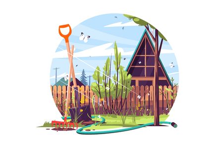 House and garden exterior vector illustration. Bayonet shovel, rake and watering hose in front of building. Trees, flowers and plants flat style concept. Isolated on white backgroundのイラスト素材