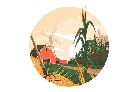 Farm in village vector illustration. Homestead with windmill, farmhouse, cornfield and haystack flat style concept. Rural countryside in spring or summer. Isolated on white backgroundのイラスト素材