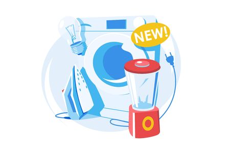 Household goods set vector illustration. Washing machine, iron, blender and lightbulb flat style design. Housing and housekeeping concept. Isolated on white backgroundのイラスト素材