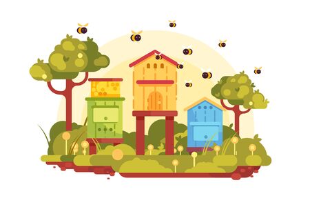 Apiary with bees vector illustration. Bee-garden in picturesque green place flat style design. Swarm of bees flying above hives. Beekeeping, apiculture conceptのイラスト素材