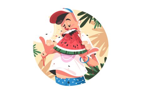 Mellow summer fruit vector illustration. Boy eating juicy ripe watermelon flat style. Healthy food. Palms and relax. Seasonal harvest and yummy dessert concept. Isolated on white backgroundのイラスト素材