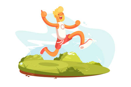 Happy man in sportswear running vector illustration. Smiling guy on morning run flat style design. Healthy lifestyle and sport concept. Isolated on whiteのイラスト素材
