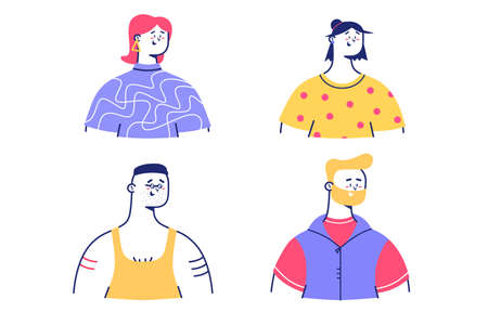 Colorful funny characters vector illustration. Set of people in bright shirts flat style. Unique clothes on figures. Fashion and art concept. Isolated on white backgroundのイラスト素材