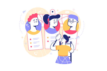 Woman choosing between candidates vector illustration. Staff recruitment or employee hiring flat...