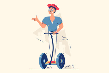 Happy guy riding self-balancing personal transporter on street vector illustration. Fun spare time flat style. Summer active sports using electronic vehicles and touristic entertainment concept. Isolated on beige backgroundのイラスト素材
