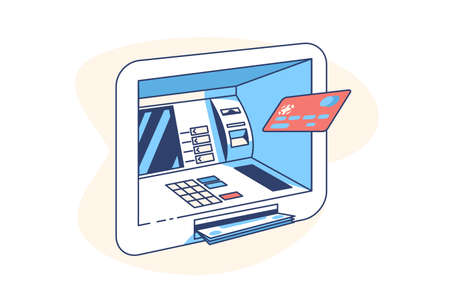 Plastic credit card and ATM machine vector illustration. Automated teller machine with cash flat style design. Cash withdrawal. Banking technology. Isolated on white backgroundのイラスト素材