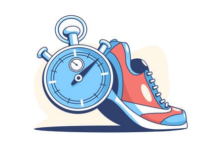 Sneaker and stop watch vector illustration. Comfy footwear and timer flat style. Active lifestyle. Sport and running competition concept. Isolated on white backgroundのイラスト素材