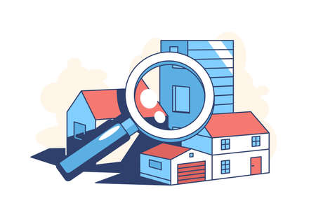 Real estate search vector illustration. Building and magnifying glass flat style. Purchase and sale of apartments. Mortgage. Property agency concept. Isolated on white backgroundのイラスト素材